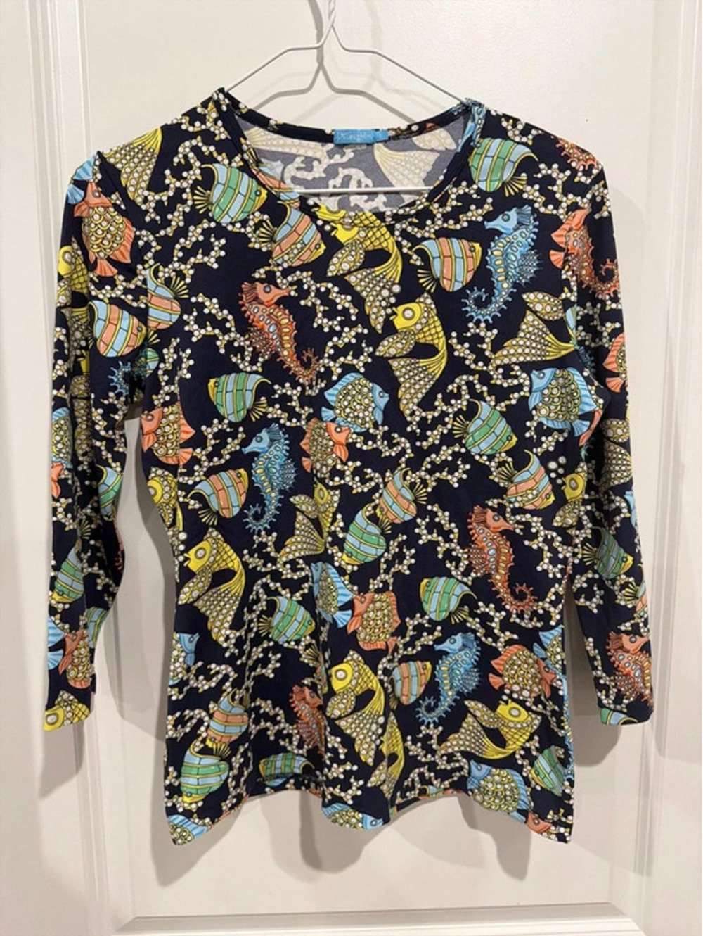 McLaughlin Women’s Small Navy Tropical Fish Seahorse Coastal Print Top